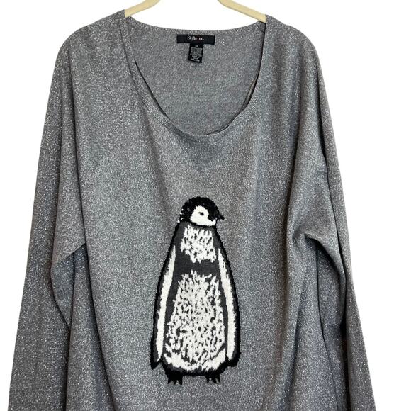 Style & Co Womens Sweater XL Gray Metallic Penguin Holiday Pullover Long Sleeve - Picture 3 of 6